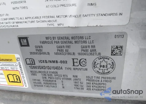 2013 Chevrolet Traverse 1Lt z USA, uszkodzony, nr VIN 1GNKVGKD1DJ164934